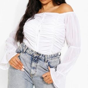 Rutched Off Shoulder Puff Sleeve Top